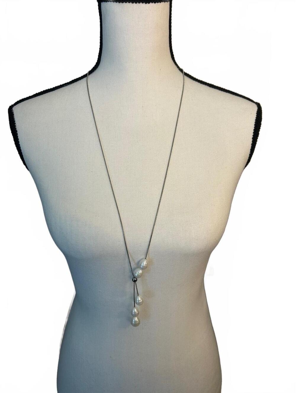 Chicos Long Silver Necklace with White Pearl Dangles